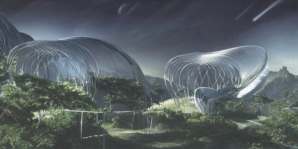 Prompt: a twirly futuristic architecture made of chrome right in the middle of a huge crater in a tropical forest, ralph maquarrie and syd mead cinematic matte painting, 4 k