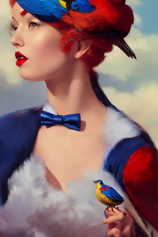 Prompt: hyper realistic painting, tasteful pinup girl, fashionable red hair, holding an indigo bunting, bird, the bird is wearing a bowtie, by greg rutkowski, rossdraws, gil elvgren, enoch bolles, anime, porcelain skin, very coherent