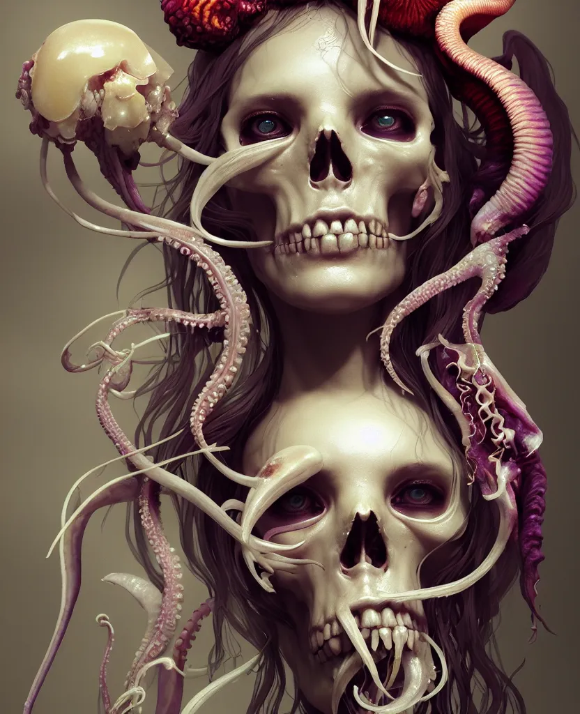 Image similar to goddess close - up portrait human skull, ram skull, squid phoenix jellyfish, orchid, betta fish, bioluminiscent, intricate artwork by tooth wu and wlop and beeple. octane render, trending on artstation, greg rutkowski very coherent symmetrical artwork. cinematic, hyper realism, high detail, octane render, 8 k