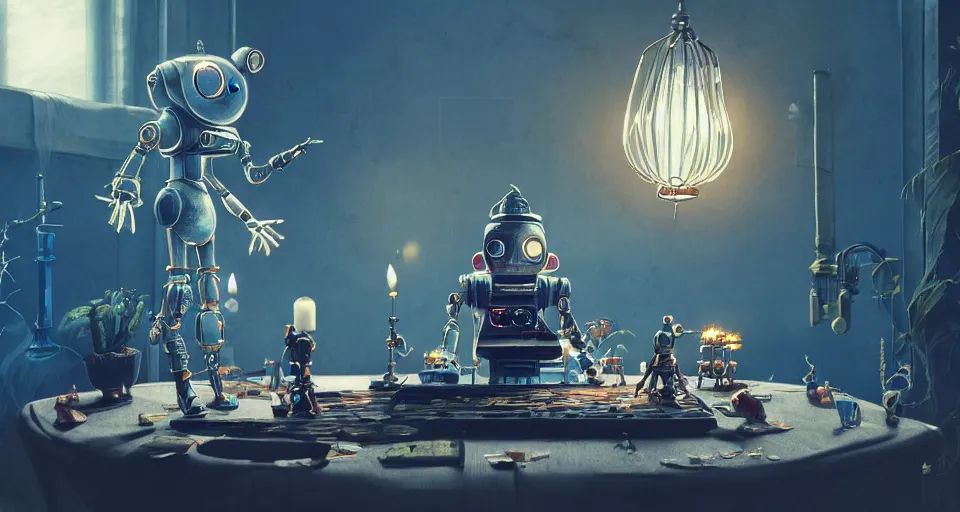 Image similar to a beautiful tapestry, a small robot playing a futuristic holographic chessgame, ultra detailed, atmospheric lighting, steampunk, moody, candles, characters from machinarium, by banksey, trending on artstation, octane render, 8 k, ultra realistic