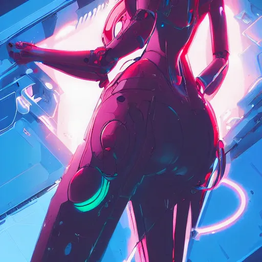 Image similar to arasaka mech, cyberpunk, art by greg tocchini, dave mccaig artwork, red and blue neon