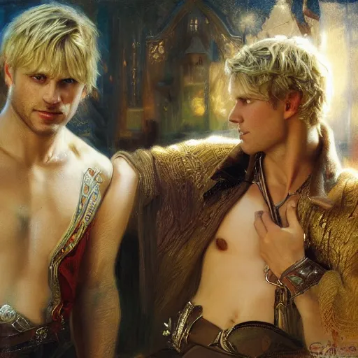 Image similar to attractive male, arthur pendragon who has blond hair confesses his love to attractive male, merlin who has dark hair. highly detailed painting by gaston bussiere, craig mullins, j. c. leyendecker 8 k