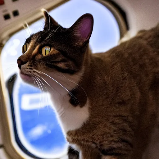 Prompt: Photo of a cat floating inside the ISS, realistic award-winning