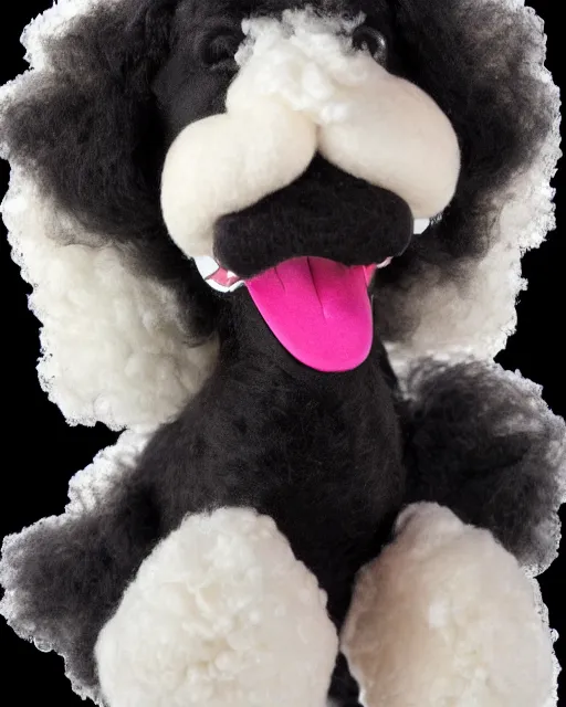 Image similar to a black poodle dog as a muppet. highly detailed felt. hyper real photo. 4 k.