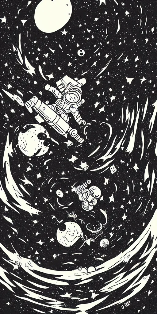 Prompt: full color, mcbess poster , astronaut drifting into a black hole