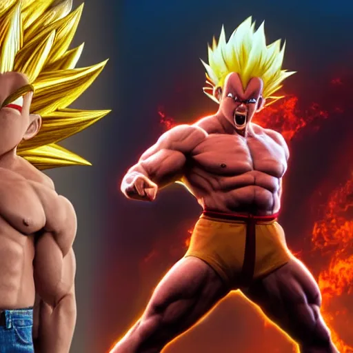 Image similar to Photo realistic live action Super Saiyan Frank Zappa vs Majin Bill Murray WWE takedown ray traced 8K anti-aliased highly detailed cinematic render award winning photography pay-per-view screen recording