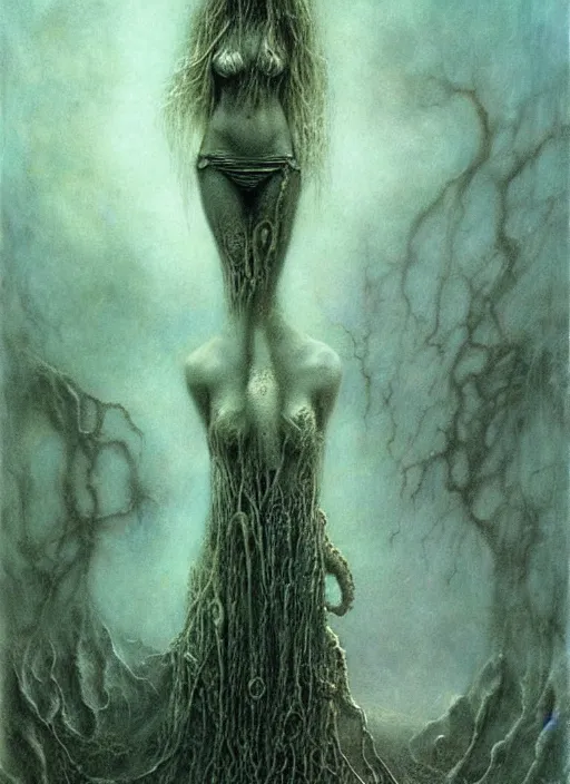Image similar to lovecraftian girl by Beksinski and Luis Royo