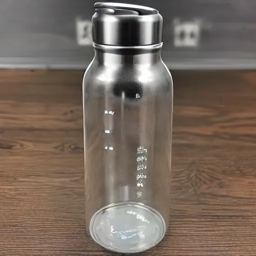 Prompt: A transparent 500ml water bottle filled with water up to half the total volume. It has a metal lid and a metal bottom part. It has a small carrier strap on top.