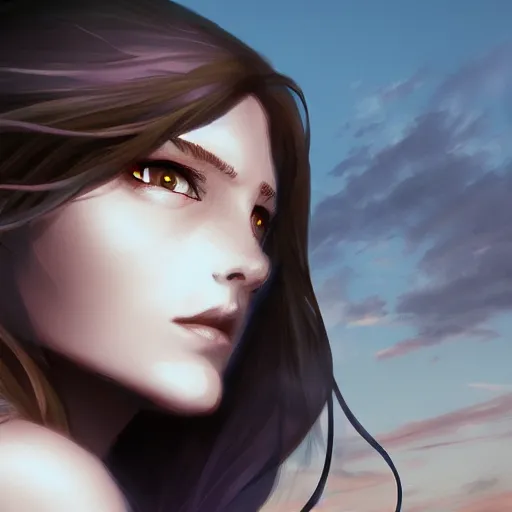 Image similar to fantasy heroine detailed looking heroically at the sky at dusk, profile, in the style of Milica Čeliković and James Daly, artstation, digital art