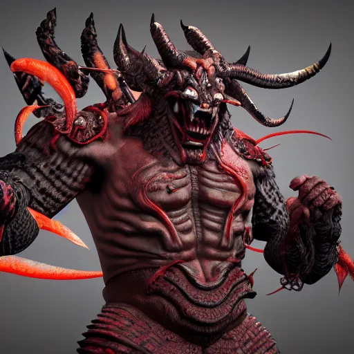 Image similar to an ultra detailed 3 d render of a japanese oni demon as a boss from nioh, shonen anime, 8 k, volumetric lighting, smooth, highly detailed, digital illustration, octane render, art by jeong seon and greg rutkowsi, artstation