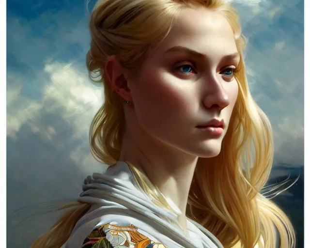 Image similar to portrait of blonde girl with mutiple heads, jump suit, vivid eyes, real life skin, intricate, elegant, highly detailed, artstation, concept art, smooth, sharp focus, art by artgerm and greg rutkowski and alphonse mucha