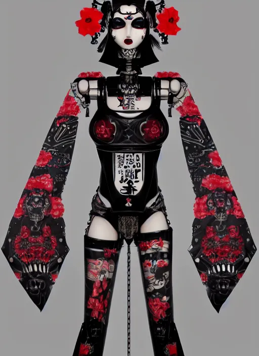 Image similar to full body portrait of a gothic style punk geisha robot with kanji tattoos and decals wearing a digital pixelated kimono, intricate design, photo - realistic, octane render, dark colour palette, ultra fine detailed, character design, trending on artstation