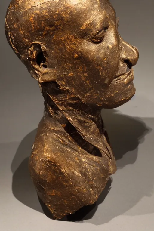 Image similar to bronze hollow statue of mummified head with open cranium, water pouring from back