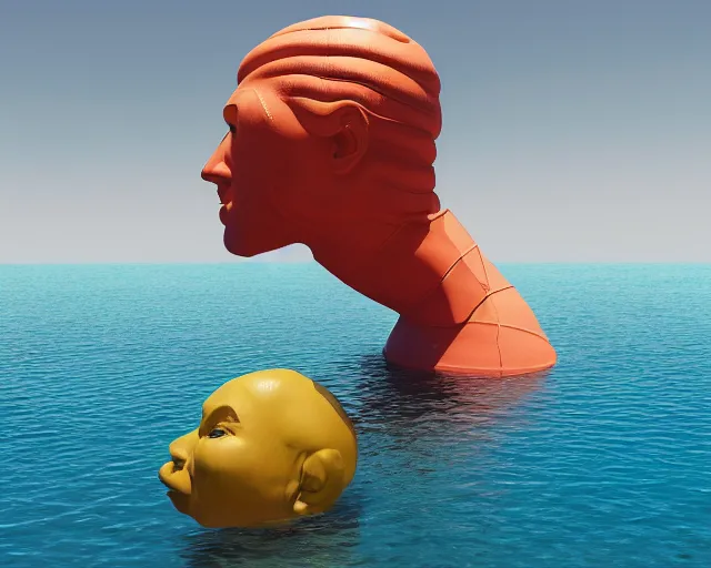 Prompt: a giant sculpture made out of inflatable pool toys in a human head shape, on the surface of the ocean, in the style of chad knight, long shot, hyper detailed, hyper realistic, ray tracing, 8 k resolution, sharp focus, realistic water, award winning sculpture