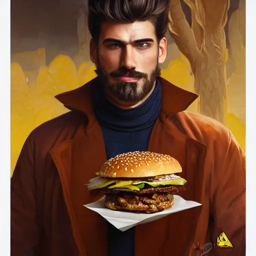 Prompt: portrait of a kosmo Kramer eating a hamburger, extra onions and ketchup, luscious patty with sesame seeds, masculine, handsome, D&D, fantasy, intricate, elegant, highly detailed, digital painting, artstation, concept art, matte, sharp focus, illustration, art by Artgerm and Greg Rutkowski and Alphonse Mucha