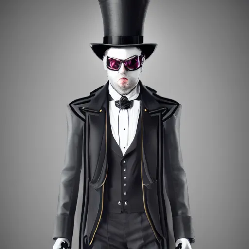 Image similar to a highly detailed portrait of a man in a high top hat covering his face, in a black tailcoat with a yellow waistcoat under the tailcoat, artstation, deviantart, professional, unreal engine 5, photorealistic