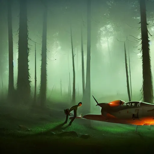 Prompt: a young pilot next to his crashed plane in a magical forest, with fog in the distance, steampunk, an epic fantasy, dramatic lighting, cinematic, establishing shot, extremely high detail, photorealistic, cinematic lighting, artstation, by simon stalenhag, christopher nolan