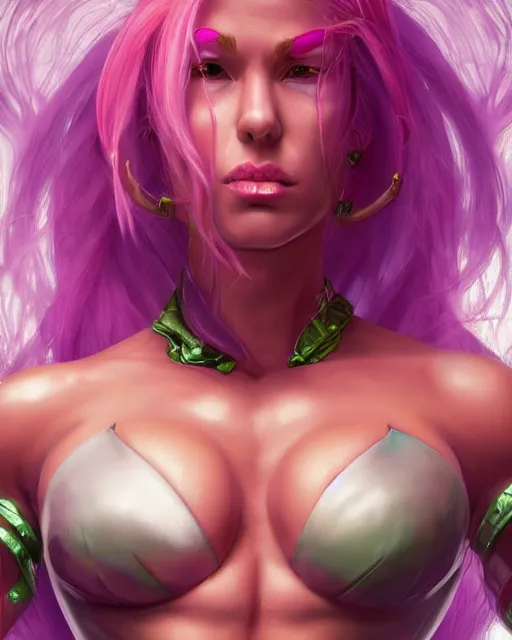 Prompt: portrait of poison from street fighter, au naturel, hyper detailed, digital art, trending in artstation, cinematic lighting, studio quality, smooth render, unreal engine 5 rendered, octane rendered, art style by klimt and nixeu and ian sprigger and wlop and krenz cushart.