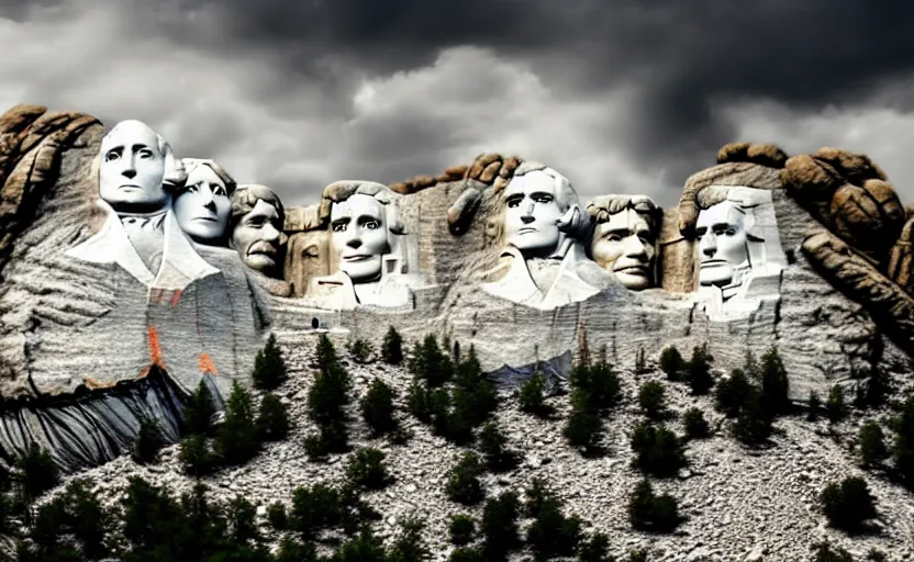 Image similar to mt. rushmore reimagined with heroic native american leaders, dramatic sky, epic environment and background, cinematic