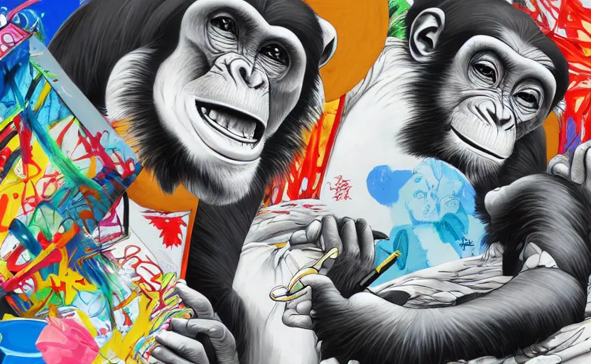 Prompt: a chimpanzee graffiti artist, digital painting masterpiece, painted by joji morikawa, by osamu tezuka, by yukito kishiro, by ikuto yamashita, 4 k wallpaper, beautiful, gorgeous