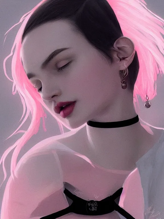 Image similar to beautiful russian girl with short pink hair and nose piercing, airpods, thin black choker, thin round earrings, winds of winter, au naturel, hyper detailed, digital art, trending in artstation, cinematic lighting, studio quality, smooth render, octane rendered, concept art, sharp focus, illustration, art by artgerm and greg rutkowski and wlop