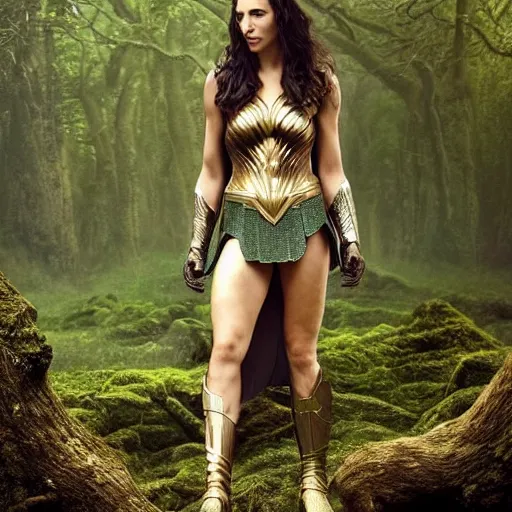 Image similar to Full body photo of the beautiful woman Gal Gadot as a dryad, she has those characteristic sparkling green eyes, she is looking straight to the camera, she has a glow coming from her, she is getting illuminated for rays of light, behind her is an ancient forest full of life, the photo was taking by Annie Leibovitz, Ellie Victoria Gale and Steve McCurry, matte painting, oil painting, naturalism, 4k, 8k