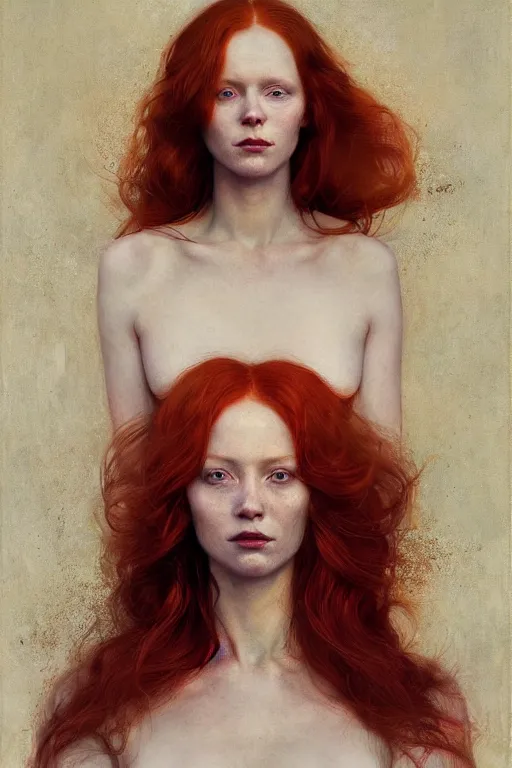 Image similar to of beautiful redhead female, beauty portrait by greg rutkowski, hilma af klint, moebius, victo ngai, sharp focus, global illumination, highly detailed, masterpiece, award winning, post processing