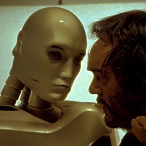 Prompt: a man and a robot in a moment of jealousy, movie still, Movie by Andrzej Zulawski and David Lyncg