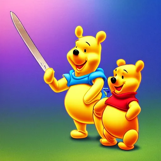 Prompt: Winnie the Pooh holding a giant sword, hd, intricate, Kingdom Hearts, 8k, digital art
