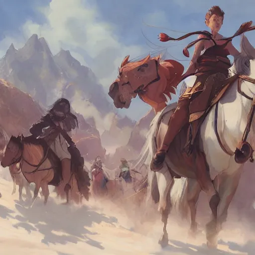 Prompt: a group of people riding on the backs of horses, a storybook illustration by krenz cushart, pixiv contest winner, fantasy art, official art, concept art, storybook illustration.