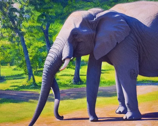 Image similar to an elephant painting a beautiful picture of an elephant while standing outside in a park on a sunny day, octane, shot on an iphone,