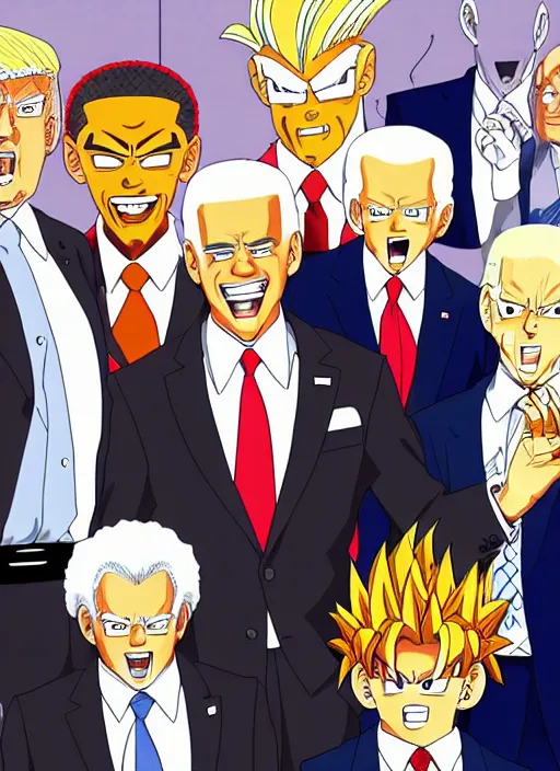 Image similar to : obama trump and biden as anime cartoon character design dragonball z