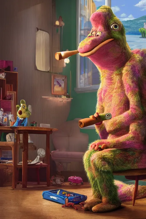 Prompt: still from kids tv show, retired barney the dinosaur, sitting in a lounge, sipping whiskey and smoking a cigar, oil on canvas, intricate, portrait, 8 k highly professionally detailed, hdr, cgsociety