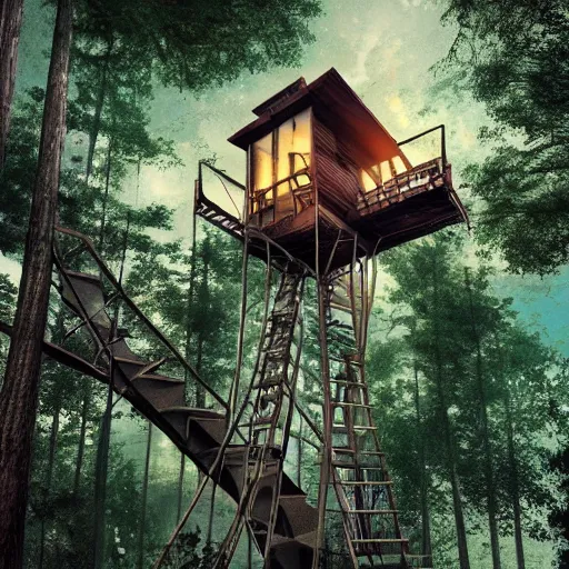 Image similar to a robotic and futuristic tree house, trending on artstation, hdr