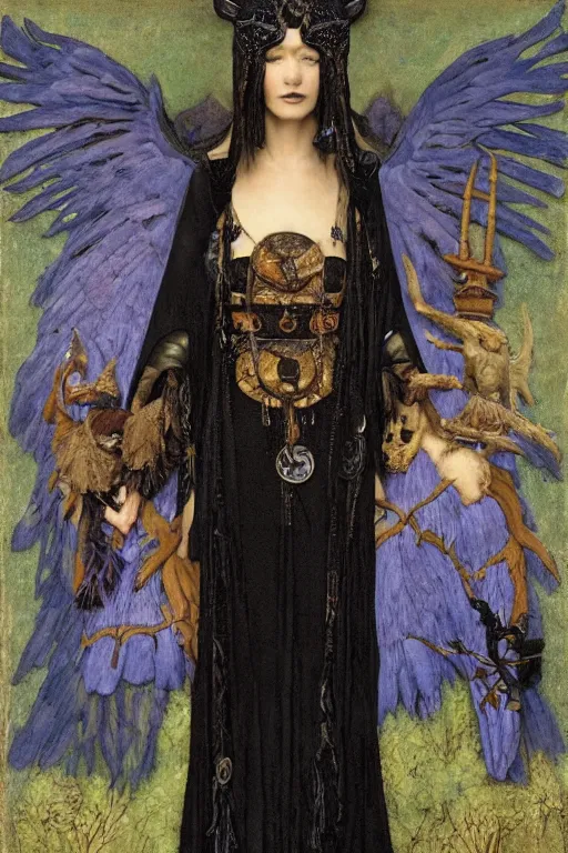 Image similar to a raven dressed as a goth shaman, by Annie Swynnerton and Nicholas Roerich and John Bauer and jean delville and John William Godward and Donato Giancola and Vermeer, black leather and embroidered velvet, iridescent beetles, rich color, dramatic cinematic lighting, featured on Artstation, extremely detailed