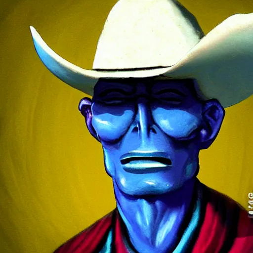 Image similar to a blue skinned tau alien cowboy in the style of an old west oil painting