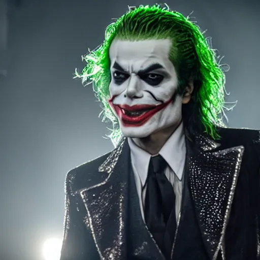 Image similar to stunning awe inspiring michael jackson as the joker, movie still 8 k hdr atmospheric lighting