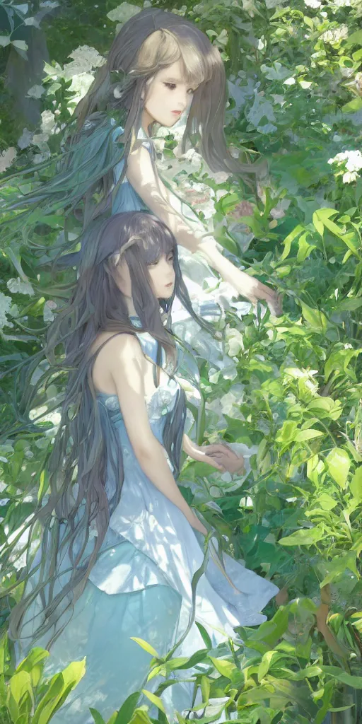 Image similar to a digital art of a loli with long hair in a dress in the privet garden at after noon, green and warm theme, blue accents, by krenz cushart and mucha and akihito yoshida and greg rutkowski and makoto shinkai, low angle, long shot, back lighting, detailed eyes, 4 k resolution, trending on art station