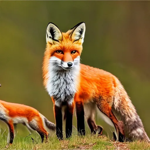 Prompt: ultradetailed portrait of a fox family in a forrest, sunset