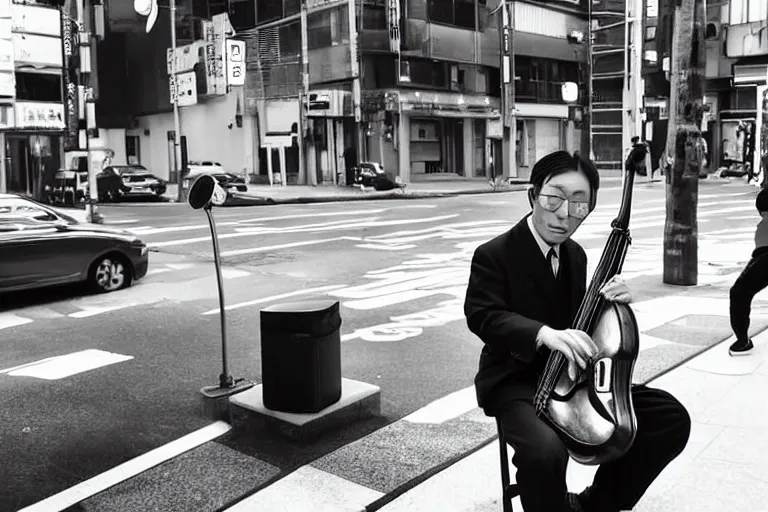 Image similar to still photo of a japanese man playing jazz on the street, black and white color aesthetic, highly detailed, photorealistic portrait, bright studio setting, studio lighting, crisp quality and light reflections, unreal engine 5 quality render