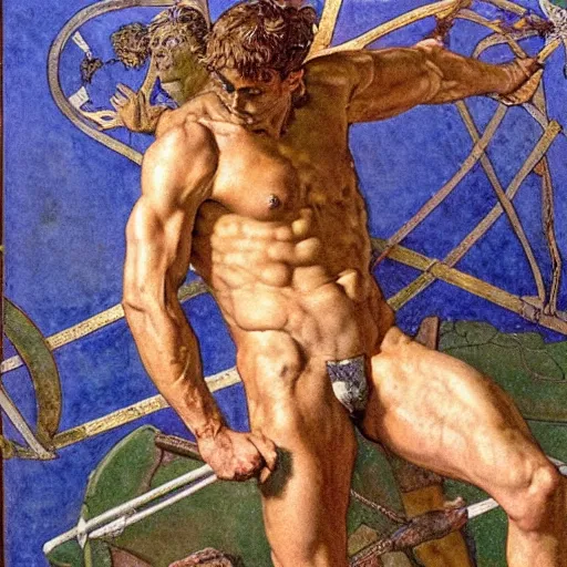 Image similar to Ripped Physique Tragic Portrait of Phaethon the Roman Demigod Son of Helios losing control of the reins of the chariot chariot that is the sun careening through the zodiac filled stratosphere. norman rockwell guillem h. poniluppi howard pyle Ilya Repin Michelangelo Buonarotti Leonardo Da Vinci rodin greg rutkowski james gurney. tombow masterpiece fresco watercolor grisaille Trompe-lœil