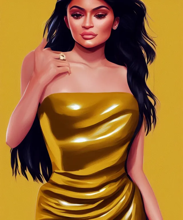 Image similar to Kylie Jenner in a shiny golden dress, highly detailed, digital painting, artstation, concept art, smooth, sharp focus, illustration, ArtStation