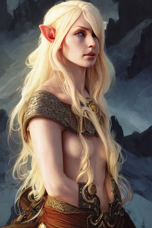 Image similar to portrait of a blonde elven mage, dark, piercing eyes, gentle expression, elegant clothing, photorealistic, highly detailed, artstation, smooth, sharp focus, art by michael whelan, artgerm, greg rutkowski and alphonse mucha
