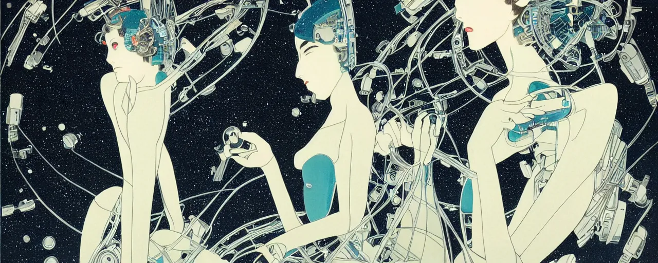 Image similar to beautiful woman robot like metropolis, at night in the center of a futuristic sci-fi energy generator machine, by Yasunari Ikenaga, Yamato, Macross