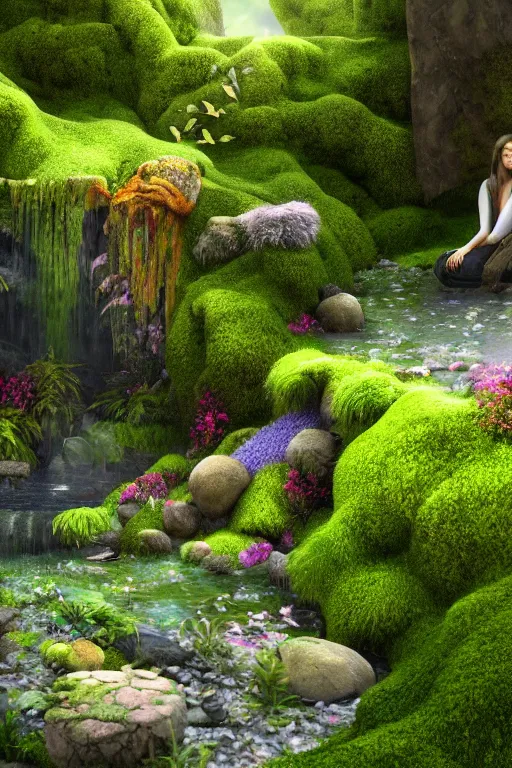 Image similar to hyper realistic detailed render of a heavenly garden of peace, eden filled with trees, stone slab, colourful flowers, moss, ferns, a girl meditating at a distance, small stream or puddles, birds, trending on artstation, volumetric lighting, hyper realistic, hyper detailed, high quality render, blender guru,