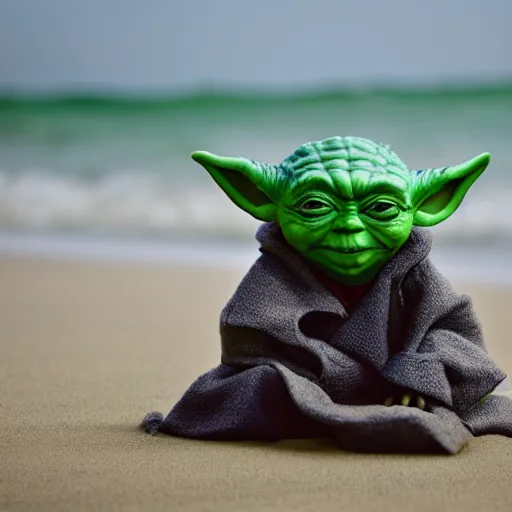 Prompt: sad Yoda on a beach