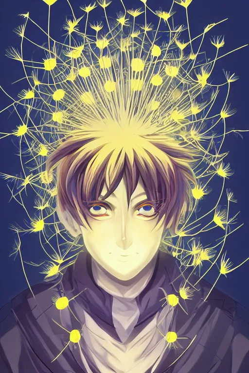 Image similar to glowing luminescent dandelion male anime character, symmetrical, highly detailed, digital art, sharp focus, trending on art station, amber eyes, autumnal colours