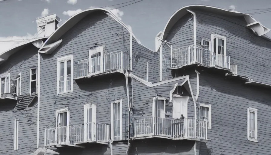 Image similar to in american cities, in modern times, there is a weird rental house with four floors high and a water tank on the roof. the color of the picture is gray and the painting style is retro