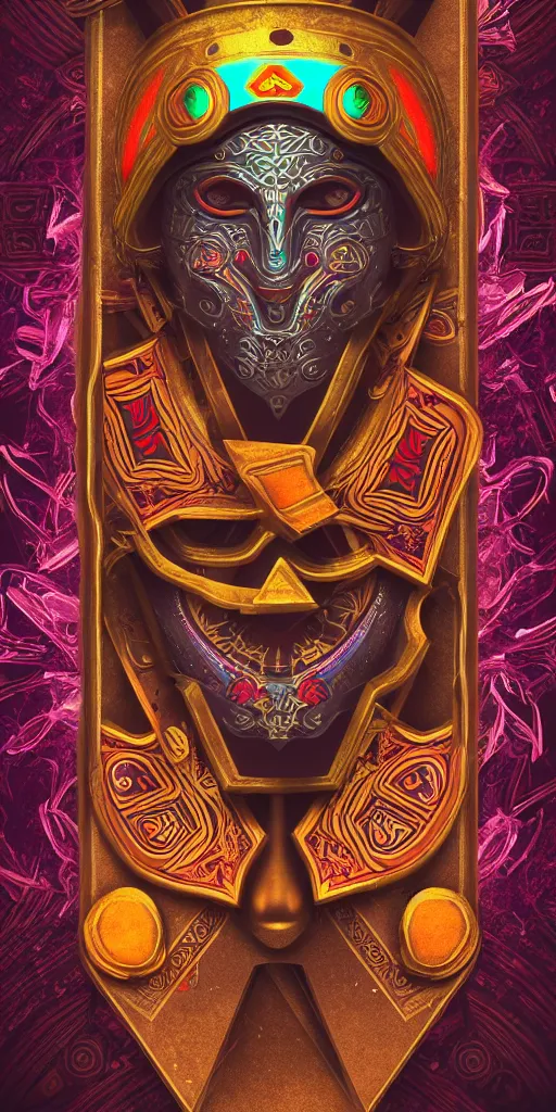 Image similar to psychedelic illustration, roman gladiator mask, playing card design, photorealistic illustration, 8 k resolution, octane render,