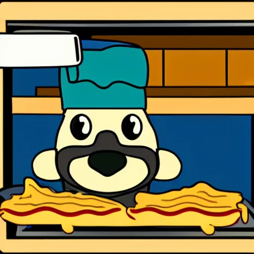 Prompt: comic cute platypus on a kitchen wearing a chef hat and holding a lasagna into an oven, comic style